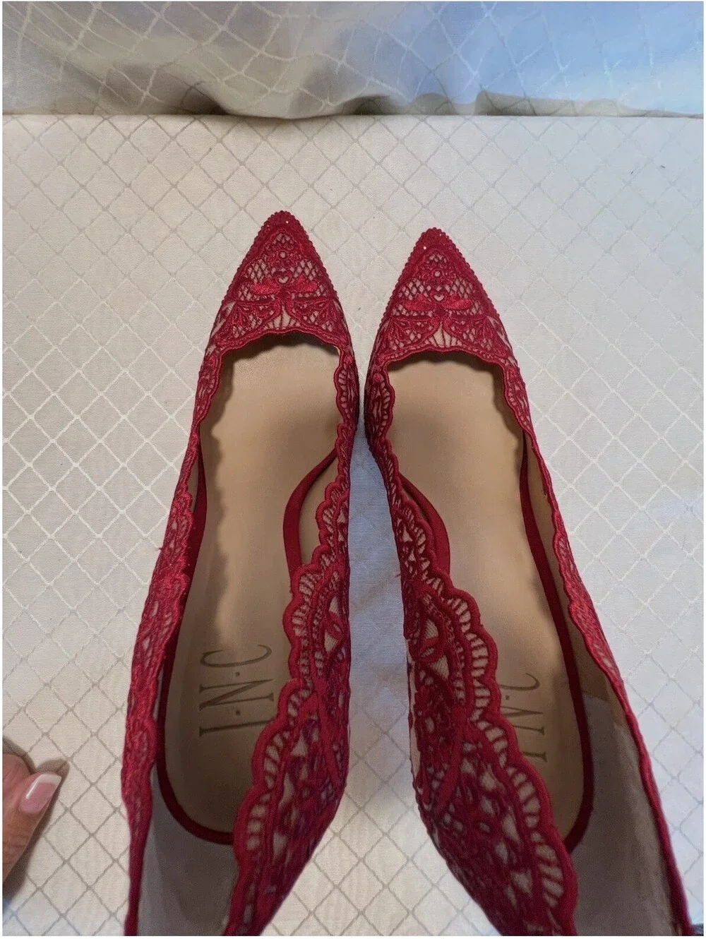 INC Red Lace Rhinestone Pointed Toe Stiletto Heels Size 8